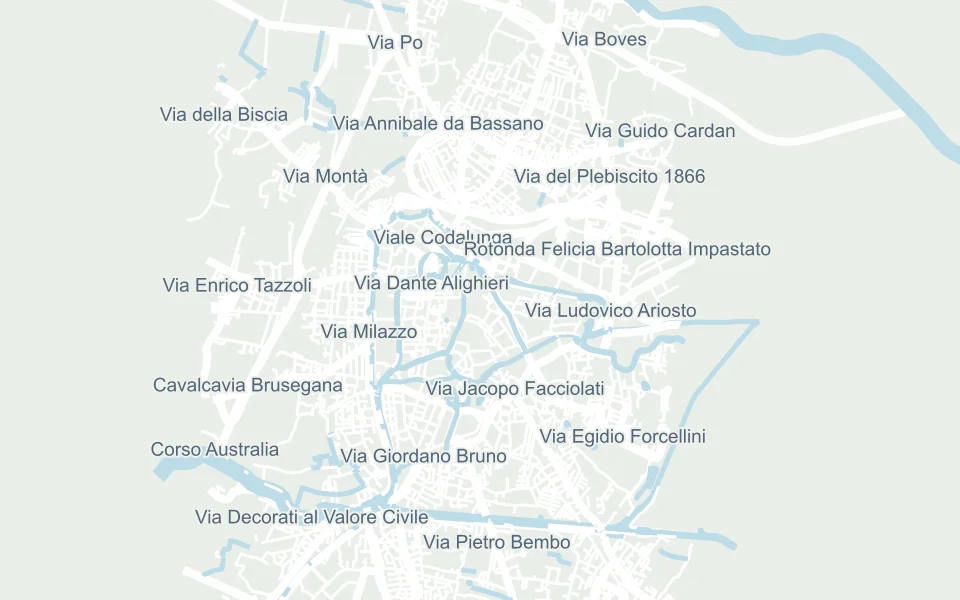Mappa delle strade di Padova con le sedi della guida